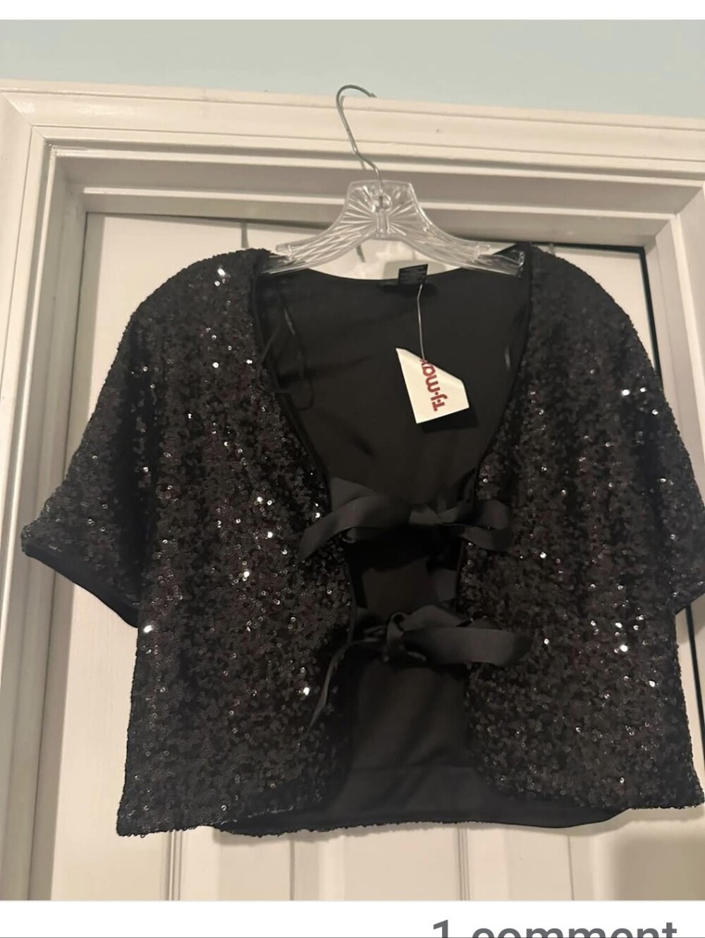 Black Sequin Short-Sleeve Bolero Jacket with Ribbon Ties